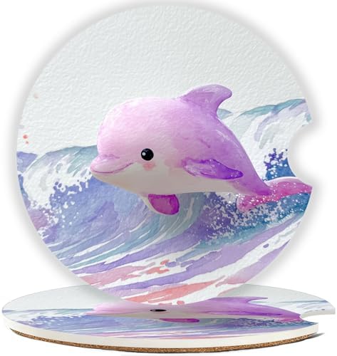 Ceramic Car Cup Holder Coasters Set of 2, 2.56 in Purple Dolphin by Mengduxd