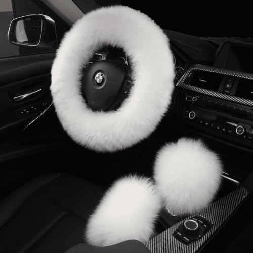 3Pcs/Set Fashion Fluffy Wool Car Steering Wheel Cover Set by AOGELAN
