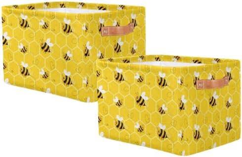 AUUXVA Storage Basket Yellow Bee Storage Cube Box Set of 2 Durable Canvas - Image 2