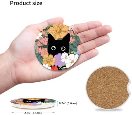 Cute Black Cat Car Coasters for Drinks Absorbent, 2 Pack Cup Holders, 2.56" - Image 2