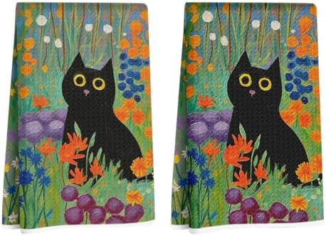 2 Pcs Cat Flower Kitchen Towels, Cute Cats Gifts by NISTOMISU