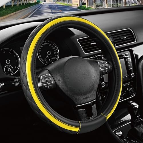 Road Comforts Leather Steering Wheel Cover – Black & Yellow, Universal Fit by RoadComforts