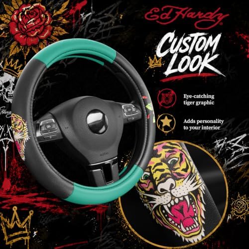ED HARDY Tiger Print Steering Wheel Cover, Fits 14.5-15.5 Inch Steering Wheels - Image 3