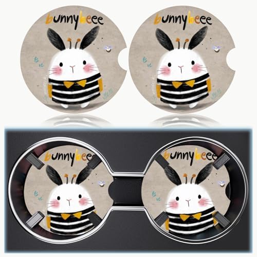 Ceramic Car Cup Holder Coasters Set of 2, 2.56 in Striped Rabbit - Image 6