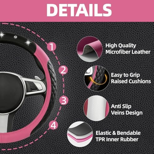 NBTEPEM 6 PCS Bling Pink Car Accessories Set, Leather Pink Steering Wheel - Image 3
