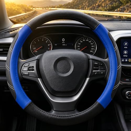 Black and Blue Line Punching Car Steering Wheel Cover, Microfiber Leather Sports - Image 2