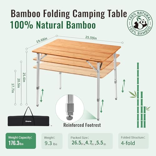 KingCamp Folding Camping Table Bamboo 4-Fold Adjustable Portable Table - Image 3