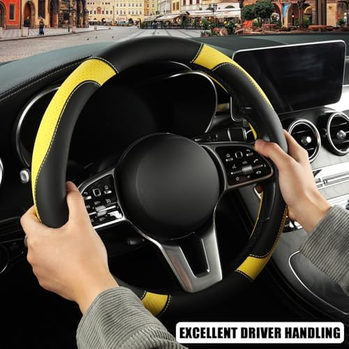 Black Yellow Microfiber Leather Steering Wheel Cover 15 inch - Image 5