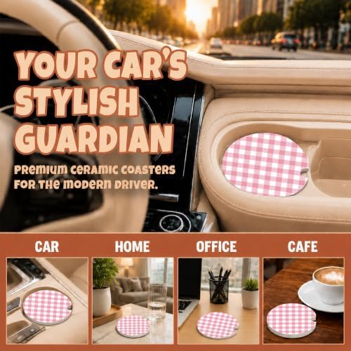 Pink Buffalo Plaid Car Coasters Set of 2, Coquette Preppy Cup Holders - Image 4