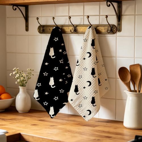 2 Pcs Cute Cat Kitchen Towels Waffle Soft Hand Towel Moon Star Decorative - Image 4