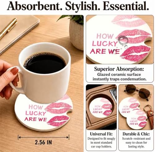 Pink Lip Print Car Coasters, How Luck are We Coquette Cup Holders - Image 3