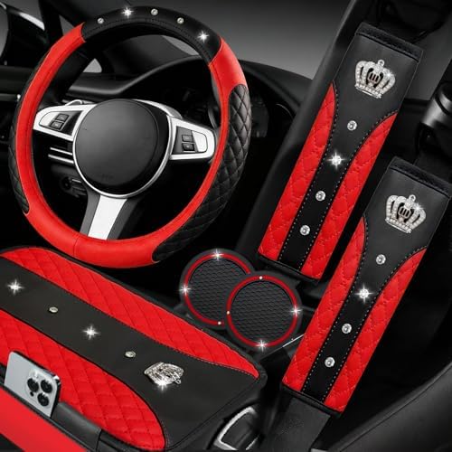 NBTEPEM 6 PCS Bling Red Car Accessories Set, Leather Red Steering Wheel Covers by NBTEPEM