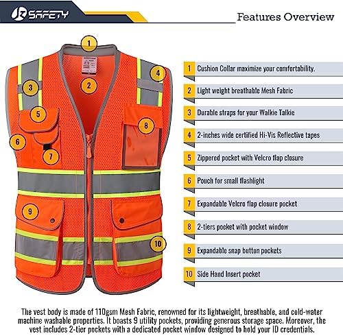 JKSafety Hi Vis Safety Vest for Men Women Cushioned Collar JK101 Orange 3XL - Image 4