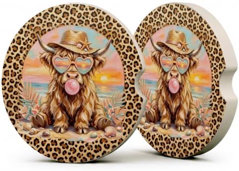 Western Highland Cow Car Coasters, Leopard Print Coquette Cup Holders by Unknown