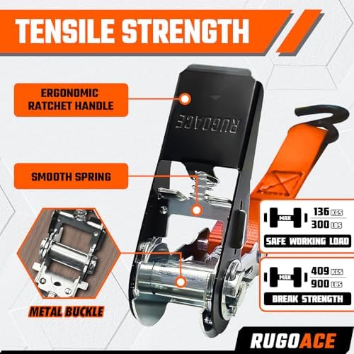 Ratchet Tie Down Straps 1 in x 10 ft 900 lbs Break Limit 8PK Orange RUGOACE - Image 3
