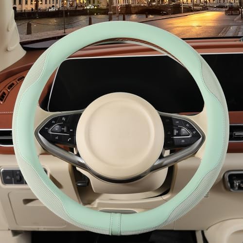Nappa Leather Ice Silk Fabric Green Steering Wheel Cover - Image 2