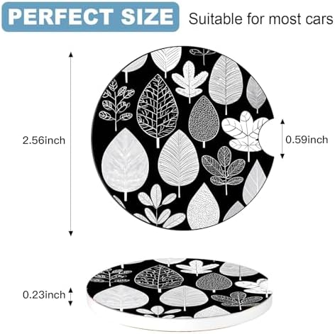 Ceramic Car Cup Holder Coasters Set of 2, 2.56 in Black Leaves - Image 2