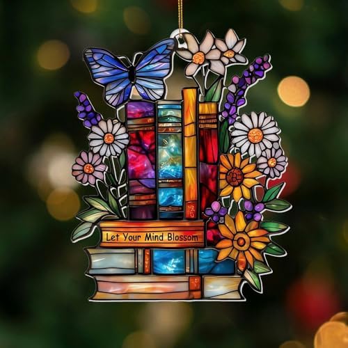 Book Ornament – ​​Stained Glass Style Acrylic Christmas Ornament with, Teacher - Image 2
