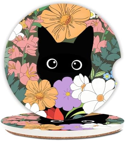 Cute Black Cat Car Coasters for Drinks Absorbent, 2 Pack Cup Holders, 2.56" by Unknown