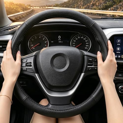 Black Line Punching Car Steering Wheel Cover, Microfiber Leather Sports - Image 4