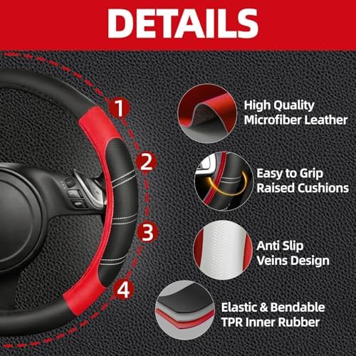 NBTEPEM 10 Pcs Red Car Floor Mats Full Set & Sport Leather Red Steering Wheel - Image 2