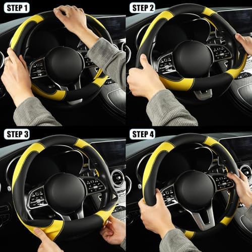 Black Yellow Microfiber Leather Steering Wheel Cover 15 inch - Image 6