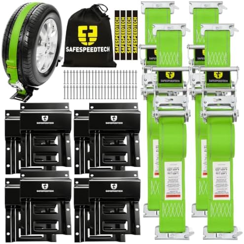 UTV Wheel Chock Tie Down Kit 4pk 2"x 8' 4400LBS E Track Tire Ratchet Straps by SAFESPEEDTECH