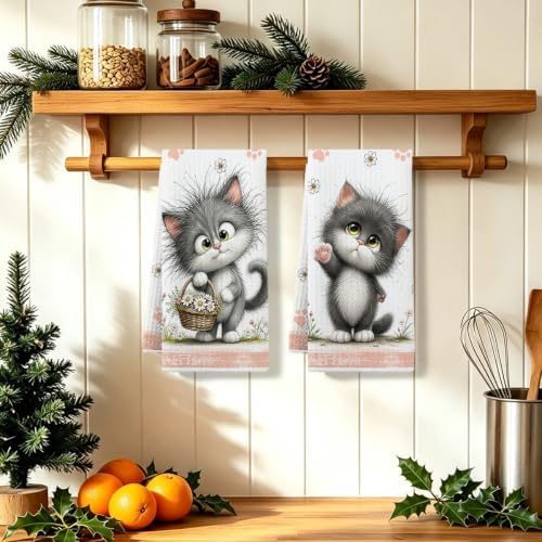 2 Pcs Cute Cat Kitchen Towels, Cat Theme Soft Absorbent Hand Tea Towels 04 - Image 5