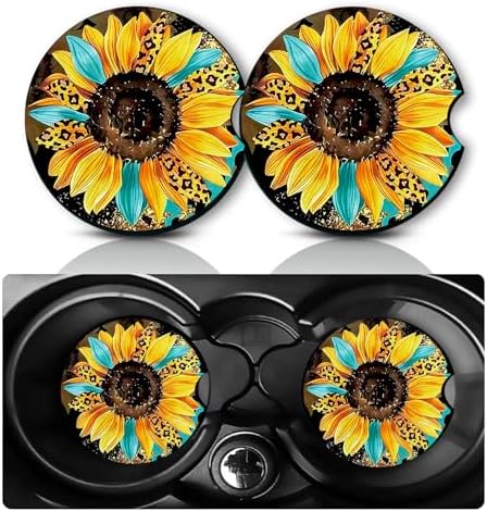 2Pcs Sunflowers Car Coasters, 2.75" Neoprene Rubber Cars Cup Holder Coasters by Databa