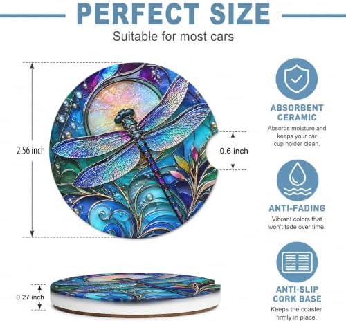 Dragonfly Car Coasters for Cup Holders, 2 Pack Absorbent Ceramic Car Cup Holder - Image 3