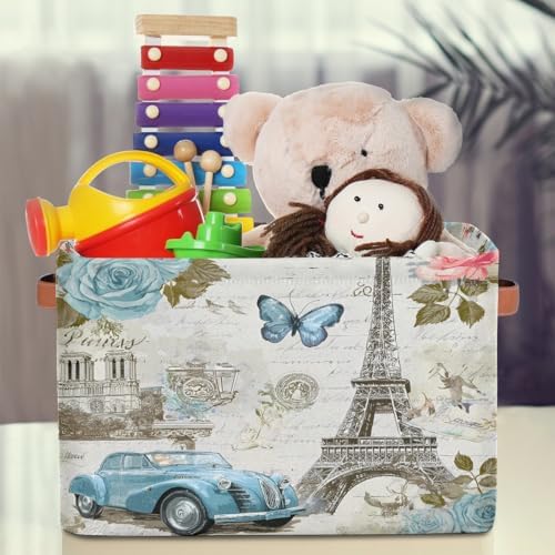 AUUXVA Storage Basket Vintage Paris Eiffel Tower Rose Flower Old Car Storage - Image 3