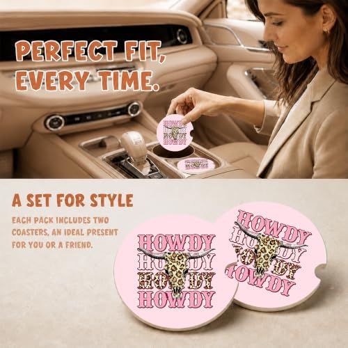 Pink Western Cowgirl Car Coasters, Howdy Retro Coquette Cup Holders - Image 2