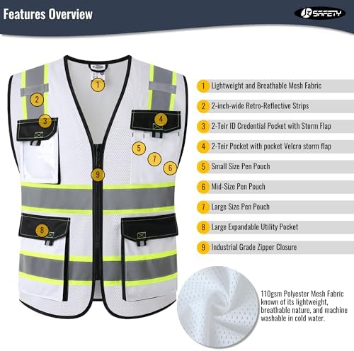 JKSafety Safety Vest for Men Women Hi Vis Reflective Vest JK220 White 3XL - Image 4