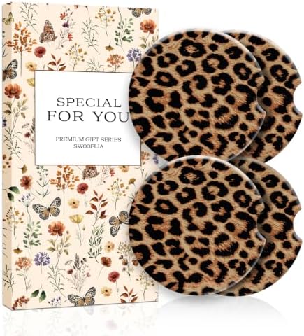 Swooflia Elegant Car Coasters 4 Pcs Classic Brown Leopard Car Accessories by Swooflia