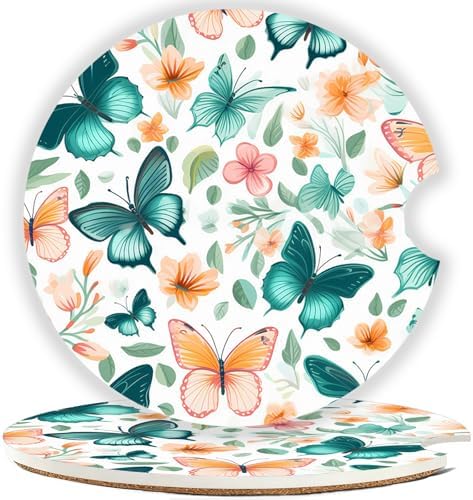 Ceramic Car Cup Holder Coasters Set of 2, 2.56 in Butterfly by Mengduxd