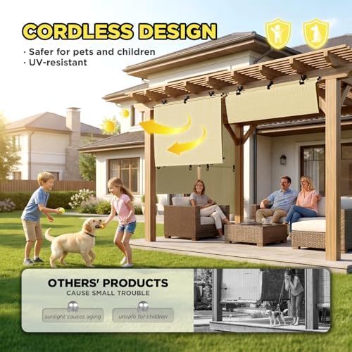 Outdoor Roller Shade 4'W x 6.5'H Cordless Shades Roll Up, Folding Exterior - Image 3