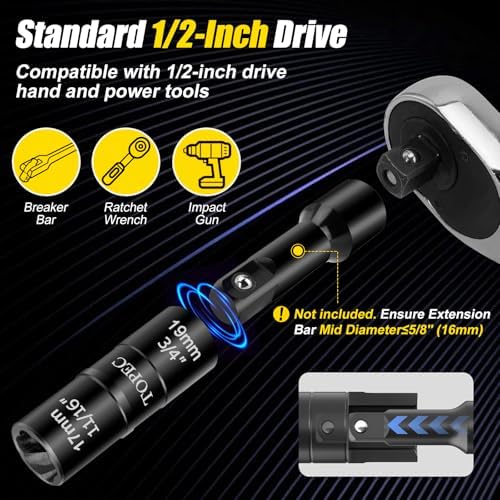 Topec 17mm x 19mm Flip Lug Nut Extractor, 1/2" Drive Lug Nut Removal Tool - Image 4