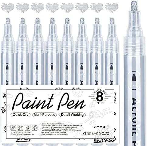 AKARUED Silver Acrylic Paint Markers, 8 Pack Acrylic Silver Paint Pen Sets by AKARUED