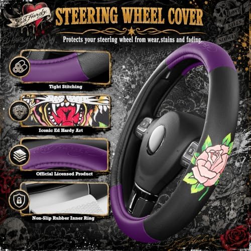 ED HARDY Tiger Print Steering Wheel Cover, Fits 14.5-15.5 Inch Steering Wheels - Image 4