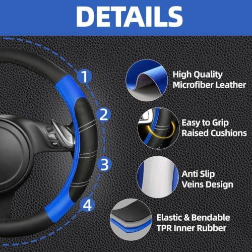 NBTEPEM 10 Pcs Blue Car Floor Mats Full Set & Sport Leather Blue Steering Wheel - Image 2