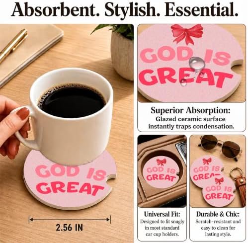 Red Bow Christian Faith Car Coasters, God is Great Preppy Cup Holders - Image 3