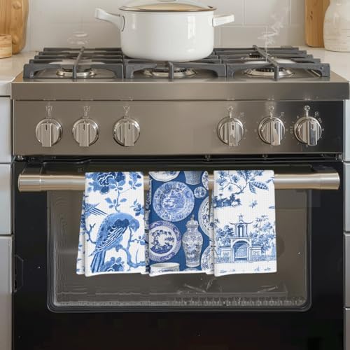 Blue Leaves 3 Pcs Artistic Bird Kitchen Towels Decorative Hand Towels - Image 6