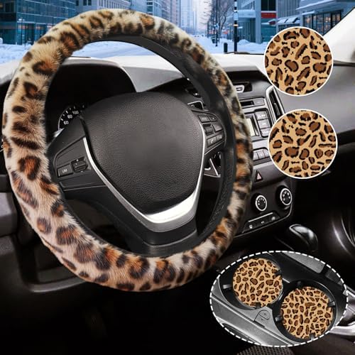 Brown Leopard Print Fuzzy Steering Wheel Cover Universal-2PCS Car Coasters by Unknown