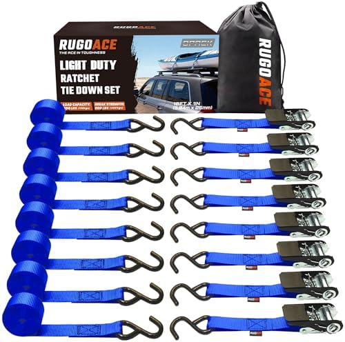 Ratchet Tie Down Straps 1in x 10ft 900 lbs Break Strength 8PK Blue RUGOACE by RUGOACE