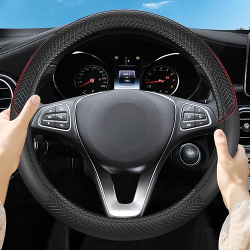 Leather Patchwork Black Steering Wheel Cover, 14.5-15 Inch Non-Slip Breathable - Image 3