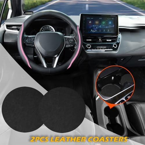 Steering Wheel Cover Black and Pink Leather Universal 14.5-15 inch - Image 3
