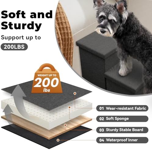 Zerbuger Dog Stairs with Storage, Dark Grey 3 Steps Dog Ramp no Condo - Image 4