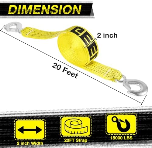 2" x 20ft Tow Strap with Hooks Heavy Duty Recovery Strap 15000 lbs Capacity - Image 2