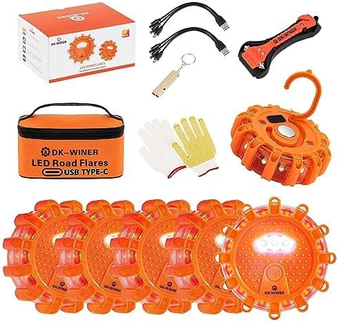 6 Pack LED Road Flares, Type-C Rechargeable Magnetic Safety Kit by DK-WINER