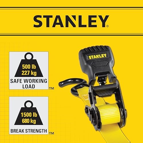 STANLEY S10002 Black/Yellow 1" x 10' Ratchet Tie Down Straps - 500 lb Safe - Image 3